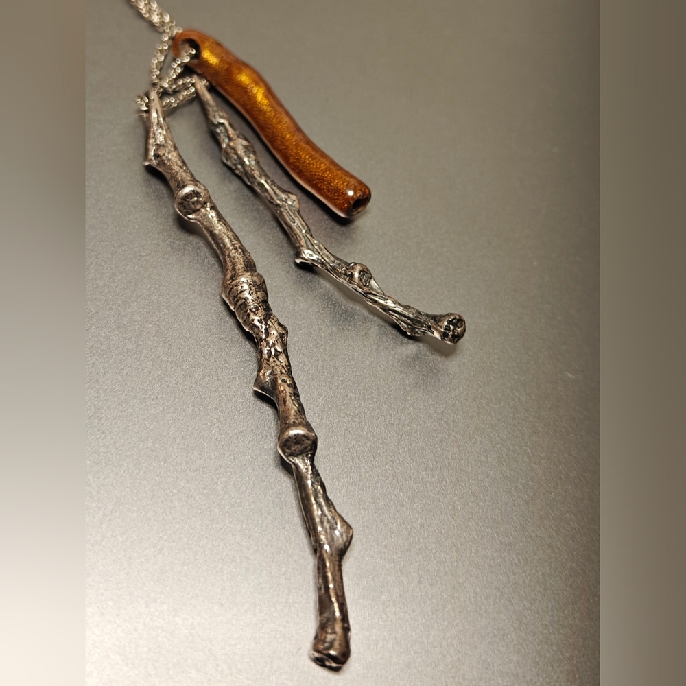 Handmade Oxidized Silver 925 & Gold Lacquer Coral Twig Branch Pendants Necklace - Picture 3 of 12
